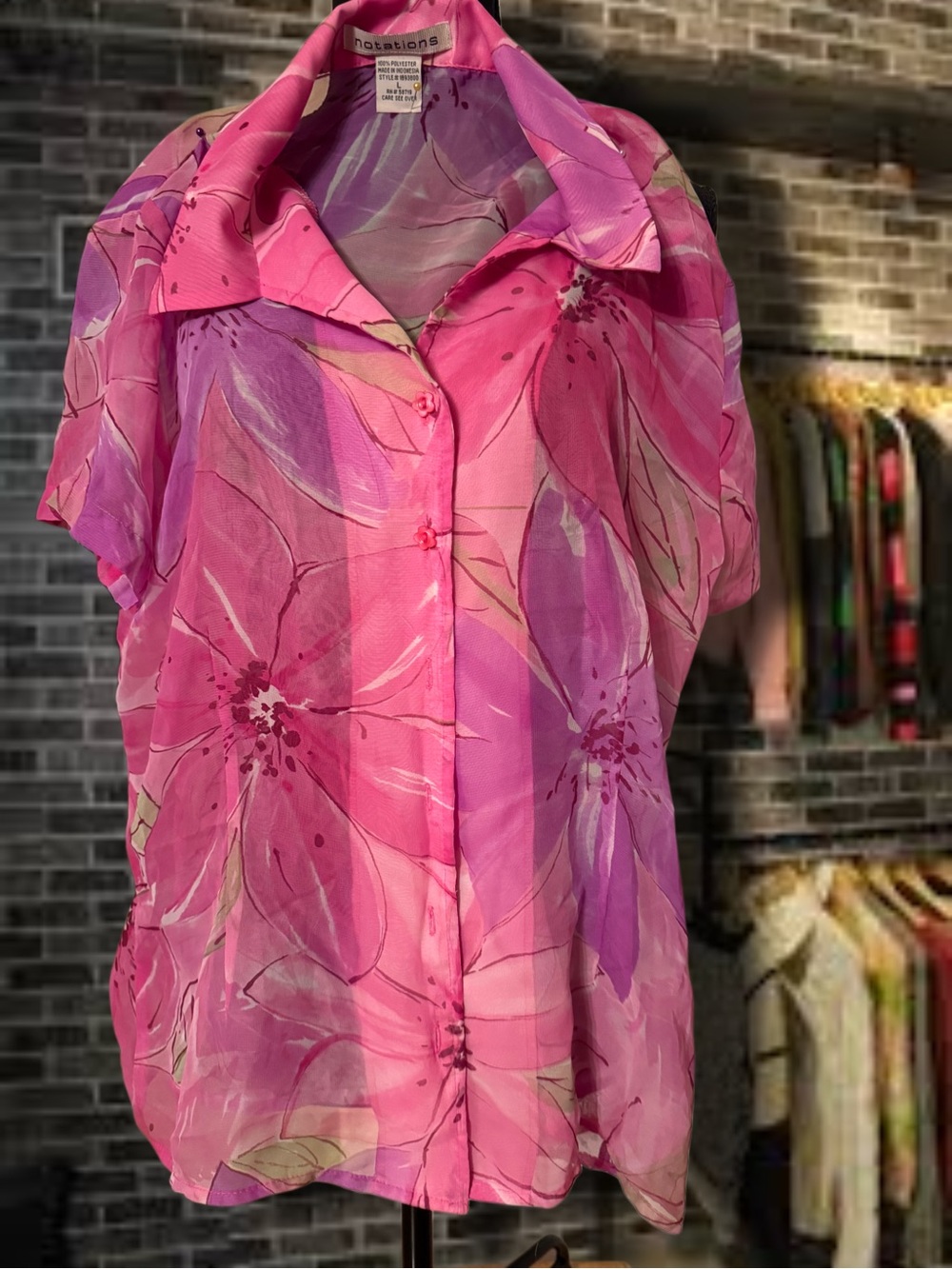 Notations Pink & Purple Floral Sheer Button-Up Blouse
